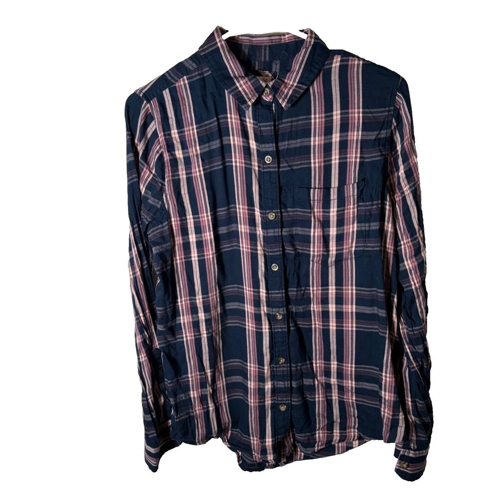 So Shirt Women's Medium Favorite Plaid Navy Pink Long Sleeve Button Up Top